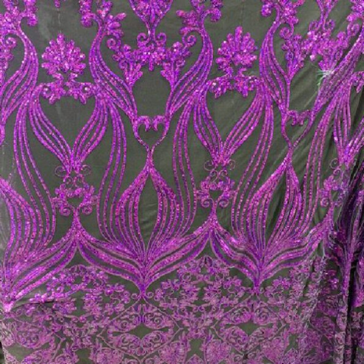 1 Yard Black Iridescent Purple Damask Embroidered Mesh Lace Fabric 48-50″ Wide 100% Polyester